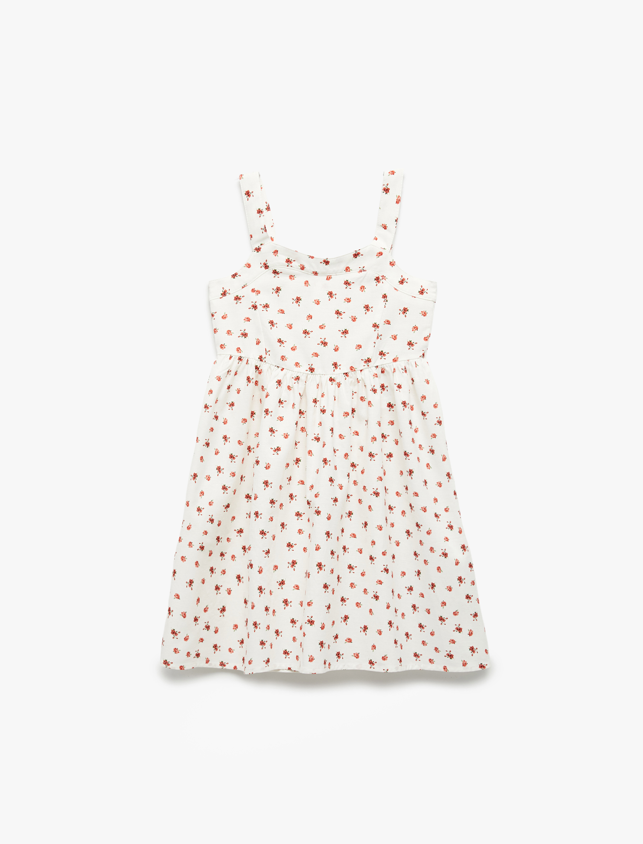  Kız Çocuk Keten Karışımlı Pamuklu Çiçekli Askılı Elbise