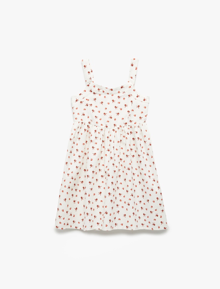 Kız Çocuk Keten Karışımlı Pamuklu Çiçekli Askılı Elbise