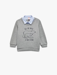 Uzun Kollu Gömlek Yaka Baskılı Sweatshirt