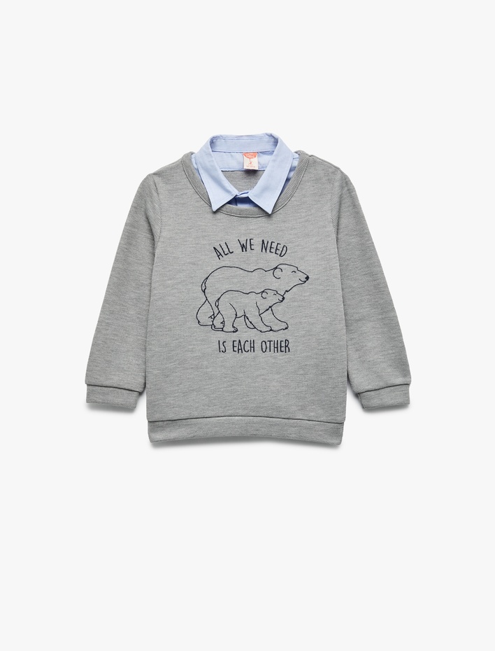 Erkek Bebek Uzun Kollu Gömlek Yaka Baskılı Sweatshirt