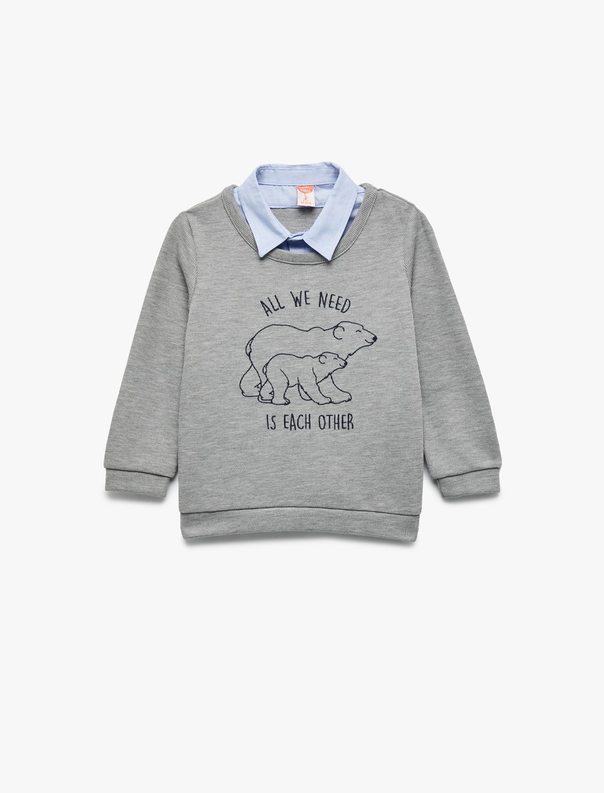  Erkek Bebek Uzun Kollu Gömlek Yaka Baskılı Sweatshirt