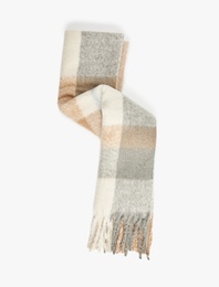 Yumuşak Dokulu Ekoseli Püsküllü Uzun Atkı