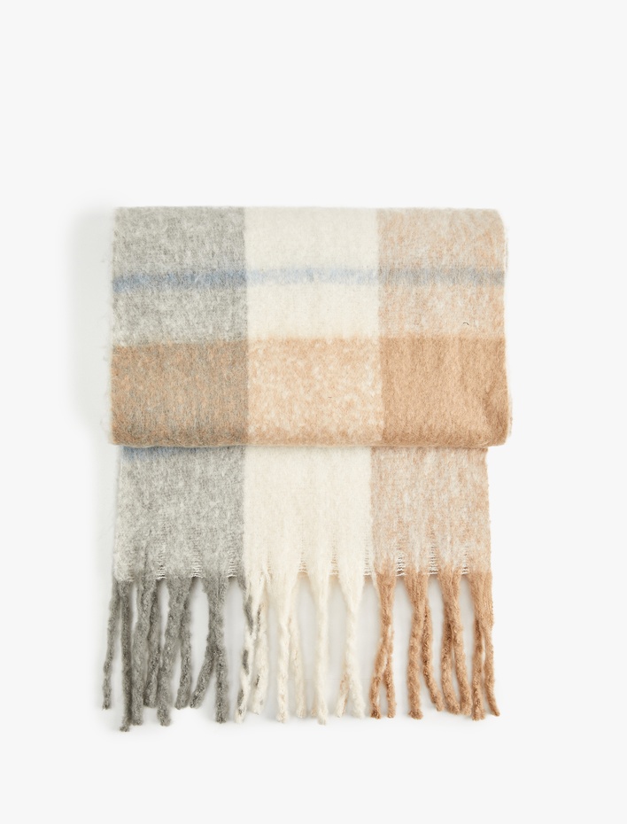 Kadın Yumuşak Dokulu Ekoseli Püsküllü Uzun Atkı