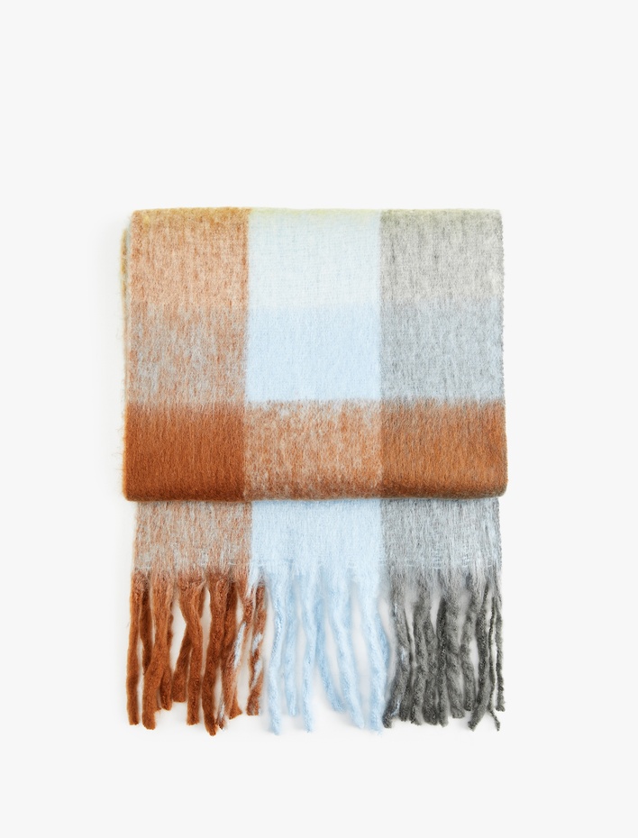 Kadın Yumuşak Dokulu Ekoseli Püsküllü Uzun Atkı