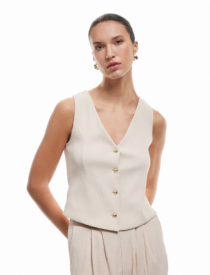  Bürümcük Kumaş V Yaka Düğmeli Yelek