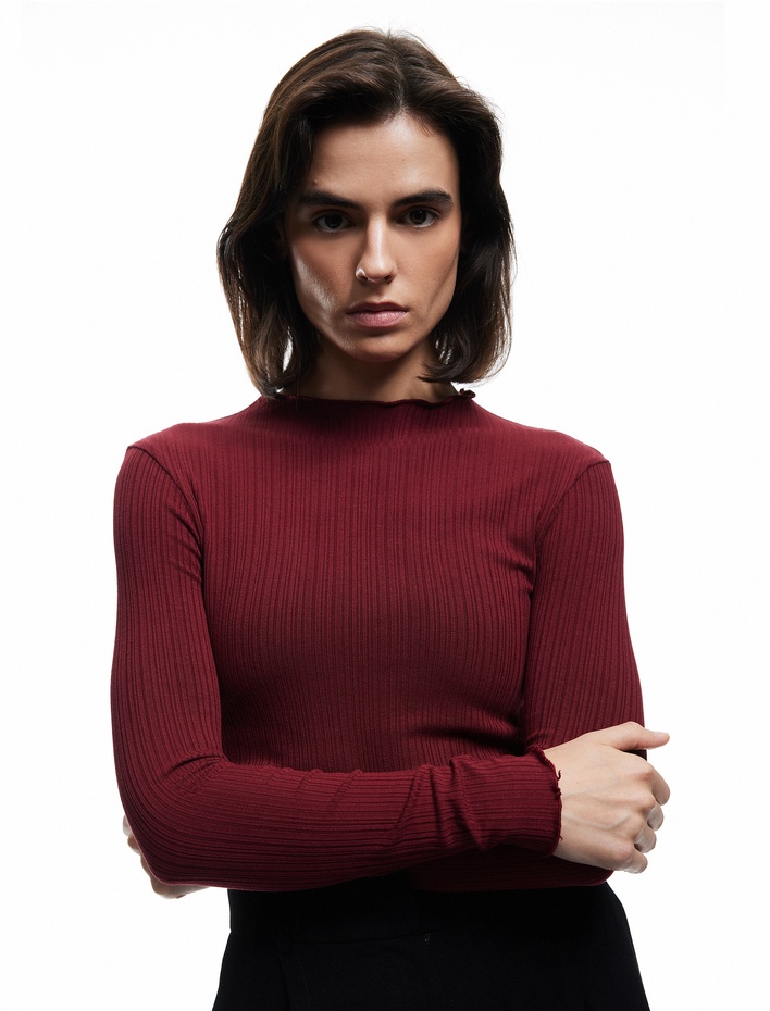  Kaşkorse Viskon Slim Fit Uzun Kollu Hafif Dik Yaka Tişört