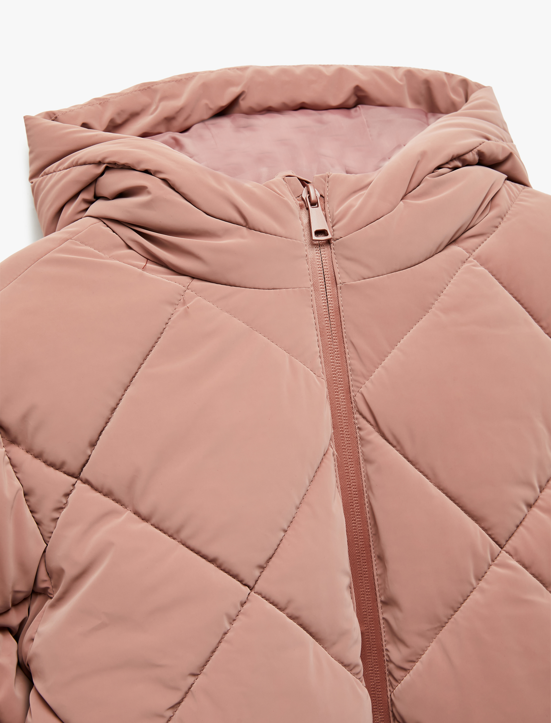  Kız Çocuk Uzun Kollu Fermuarlı Kapitone Kapşonlu Şişme Mont