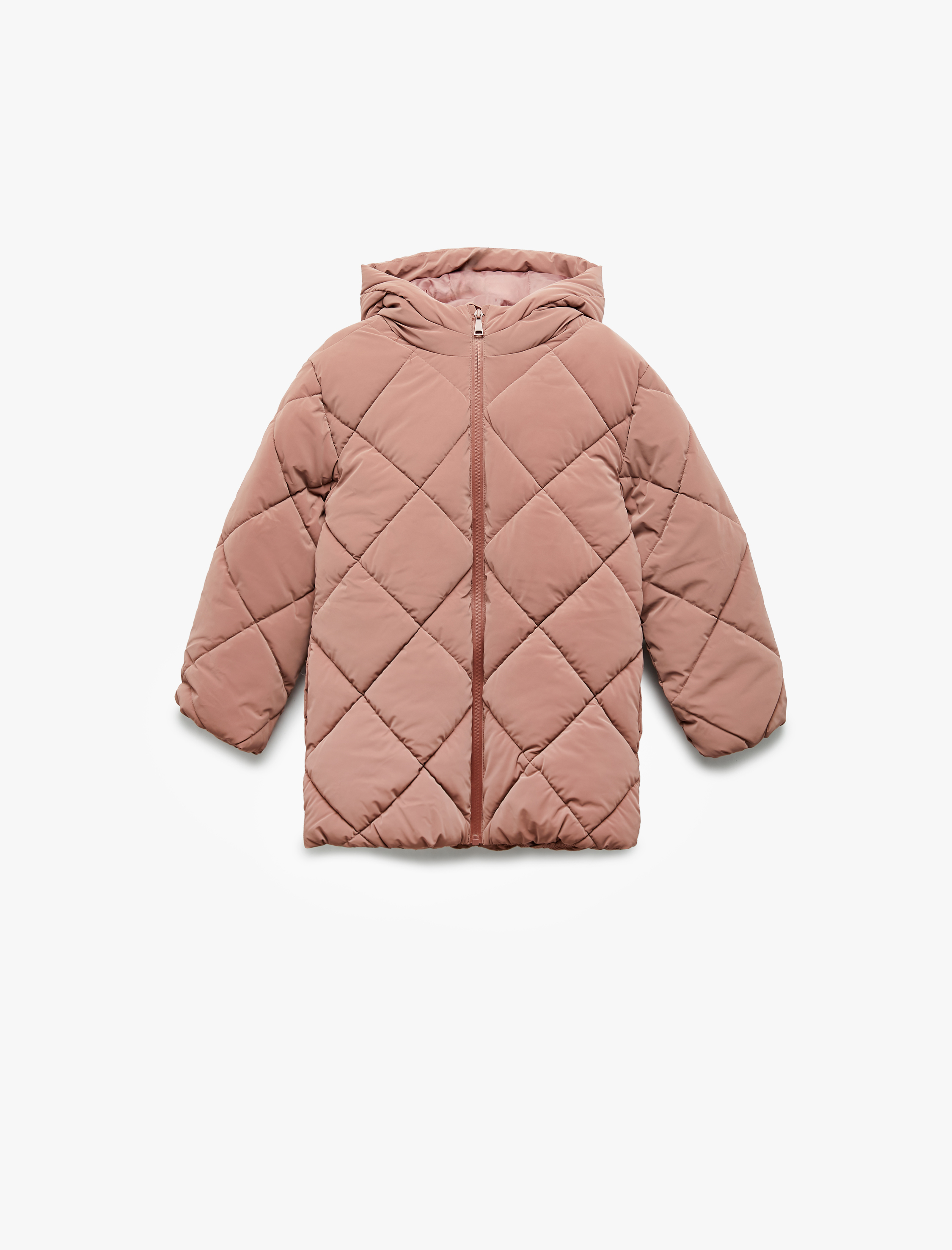  Kız Çocuk Uzun Kollu Fermuarlı Kapitone Kapşonlu Şişme Mont