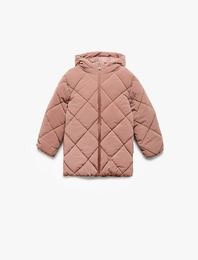 Uzun Kollu Fermuarlı Kapitone Kapşonlu Şişme Mont