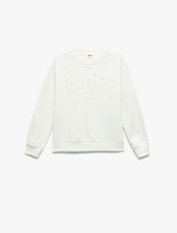 Taş Detaylı Uzun Kollu Bisiklet Yaka Şardonlu Pamuklu Sweatshirt