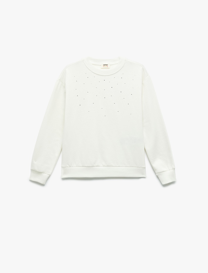 Kız Çocuk Taş Detaylı Uzun Kollu Bisiklet Yaka Şardonlu Pamuklu Sweatshirt