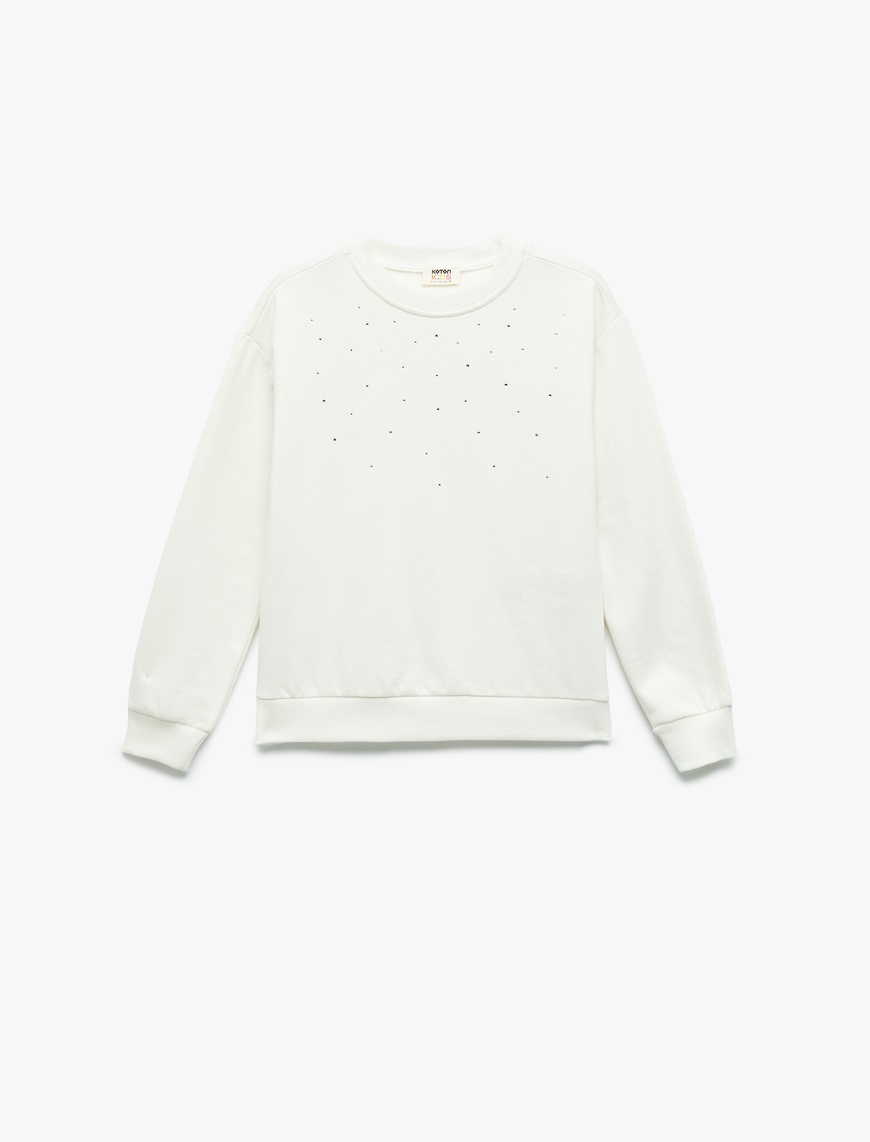  Kız Çocuk Taş Detaylı Uzun Kollu Bisiklet Yaka Şardonlu Pamuklu Sweatshirt