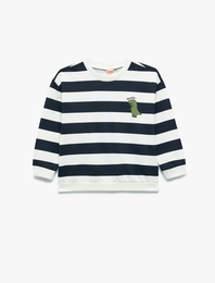 Pamuklu Şardonlu Uzun Kollu Bisiklet Yaka Dinozor Baskılı Çizgili Sweatshirt