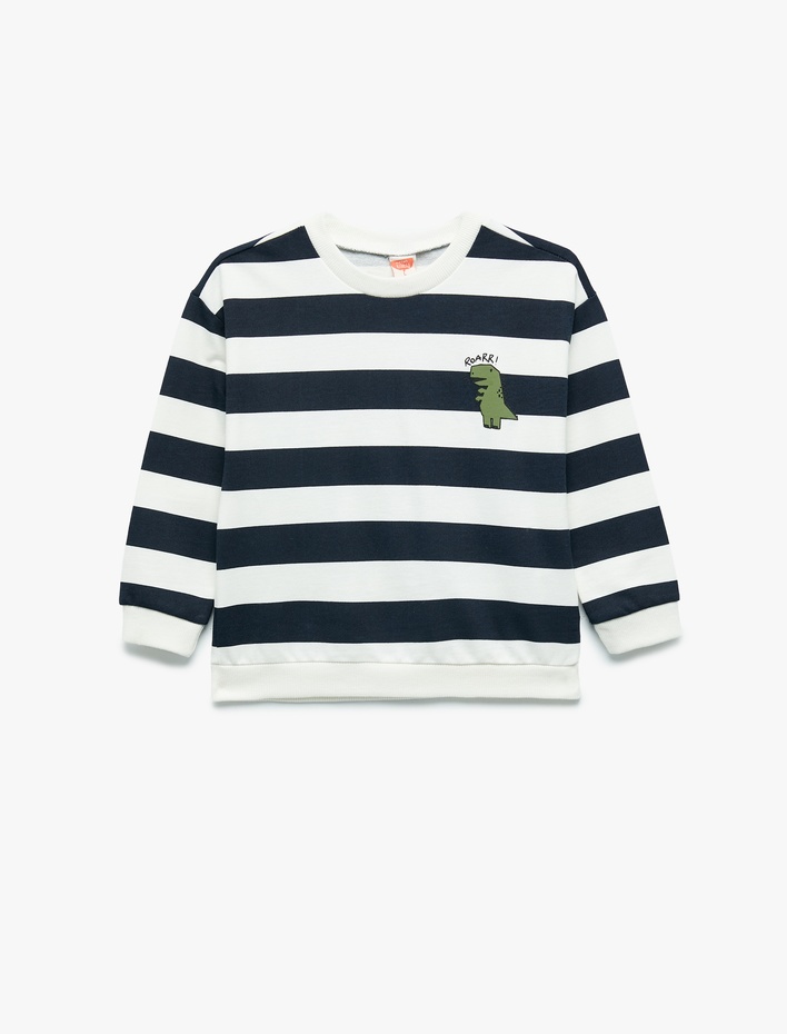 Erkek Bebek Pamuklu Şardonlu Uzun Kollu Bisiklet Yaka Dinozor Baskılı Çizgili Sweatshirt