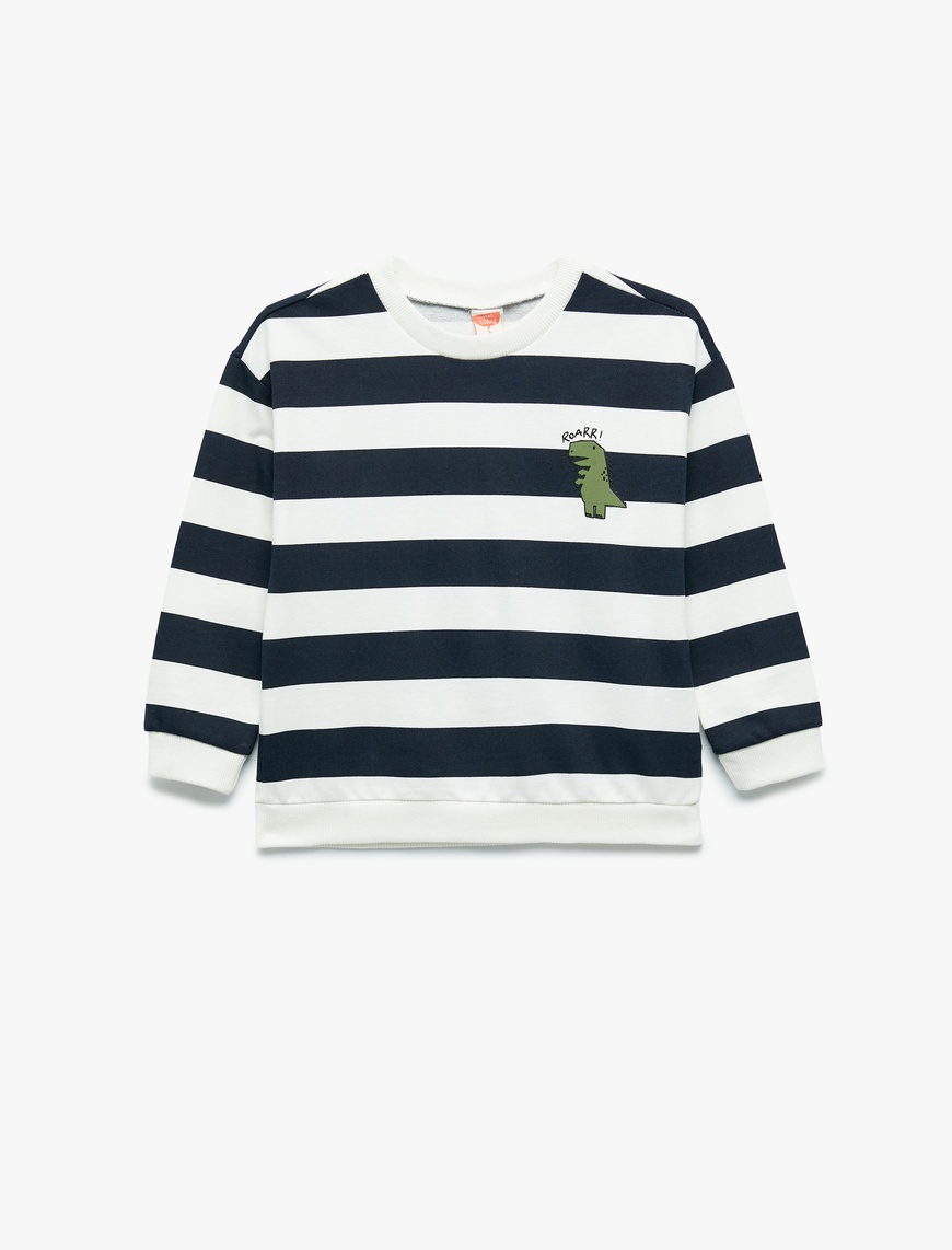  Erkek Bebek Pamuklu Şardonlu Uzun Kollu Bisiklet Yaka Dinozor Baskılı Çizgili Sweatshirt