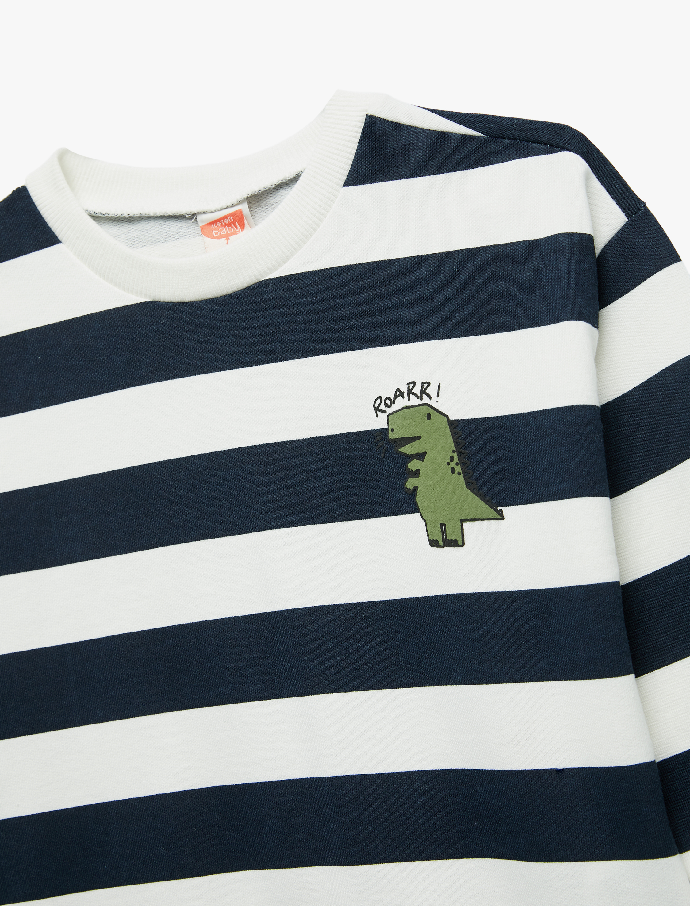  Erkek Bebek Pamuklu Şardonlu Uzun Kollu Bisiklet Yaka Dinozor Baskılı Çizgili Sweatshirt