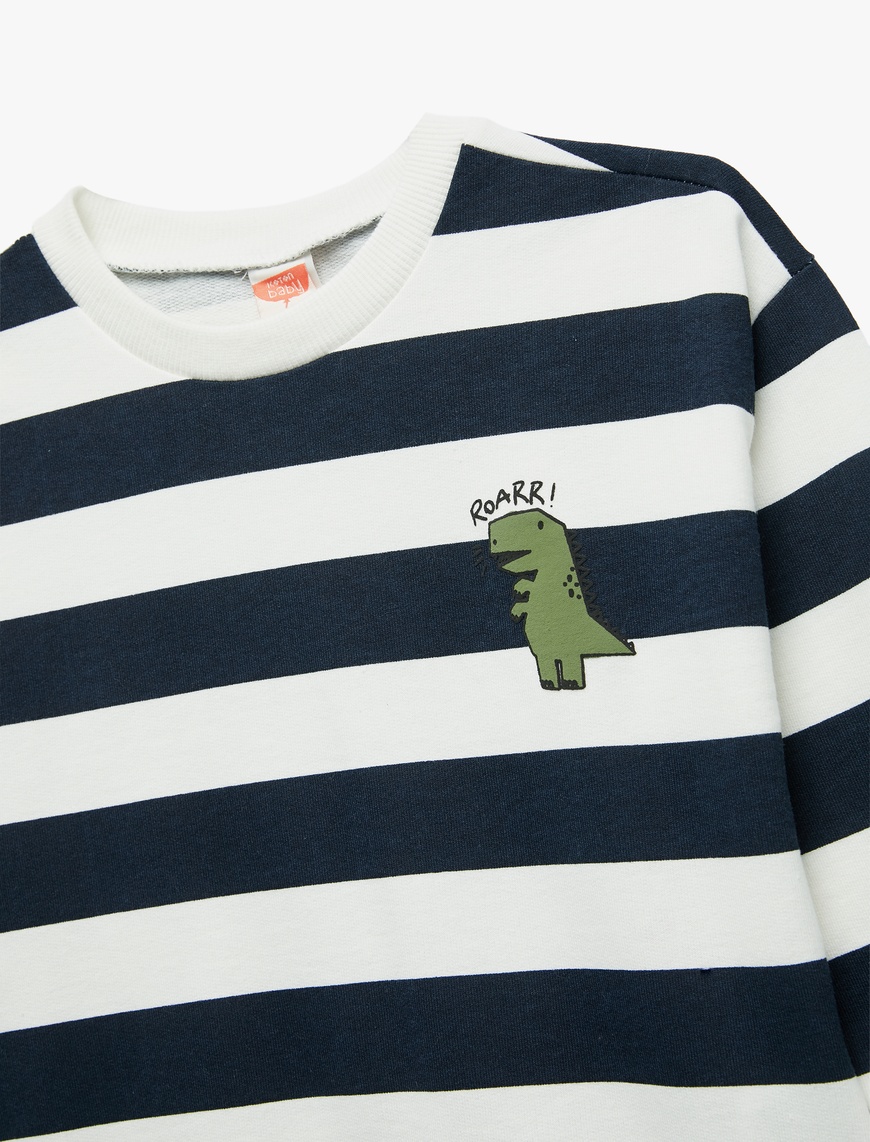  Erkek Bebek Pamuklu Şardonlu Uzun Kollu Bisiklet Yaka Dinozor Baskılı Çizgili Sweatshirt