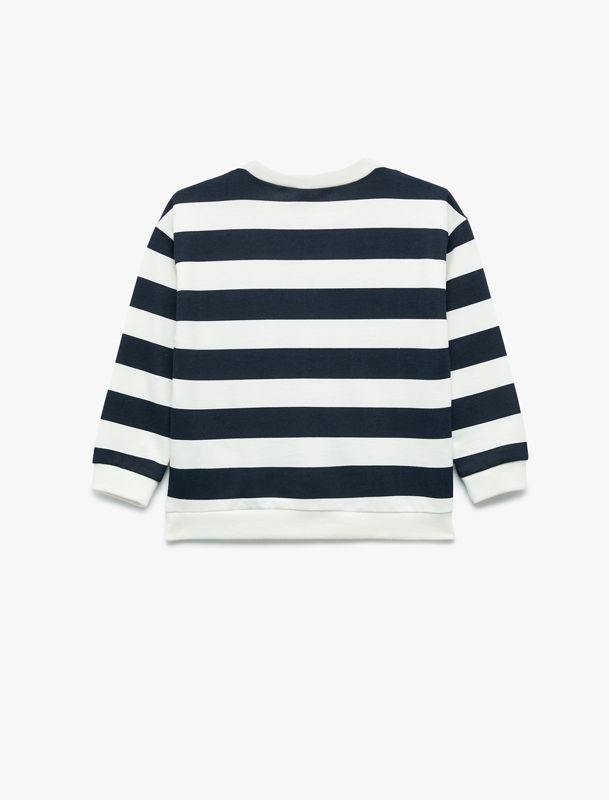  Erkek Bebek Pamuklu Şardonlu Uzun Kollu Bisiklet Yaka Dinozor Baskılı Çizgili Sweatshirt