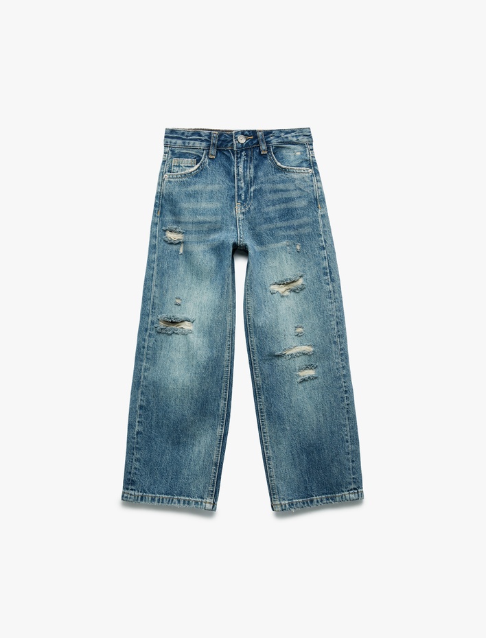 Kız Çocuk Pamuklu Yıpratma Detaylı Geniş Paça Denim Pantolon
