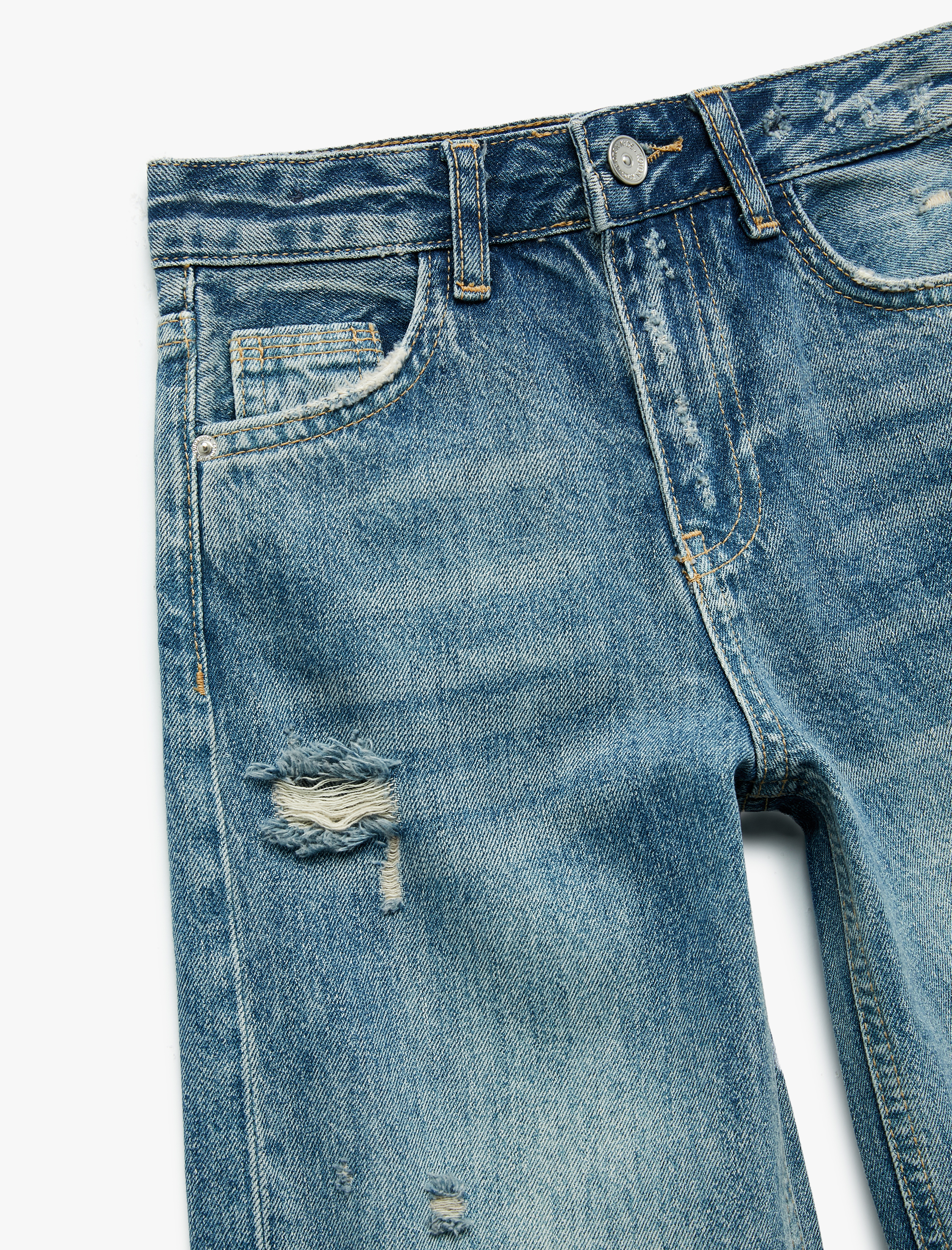  Kız Çocuk Pamuklu Yıpratma Detaylı Geniş Paça Denim Pantolon