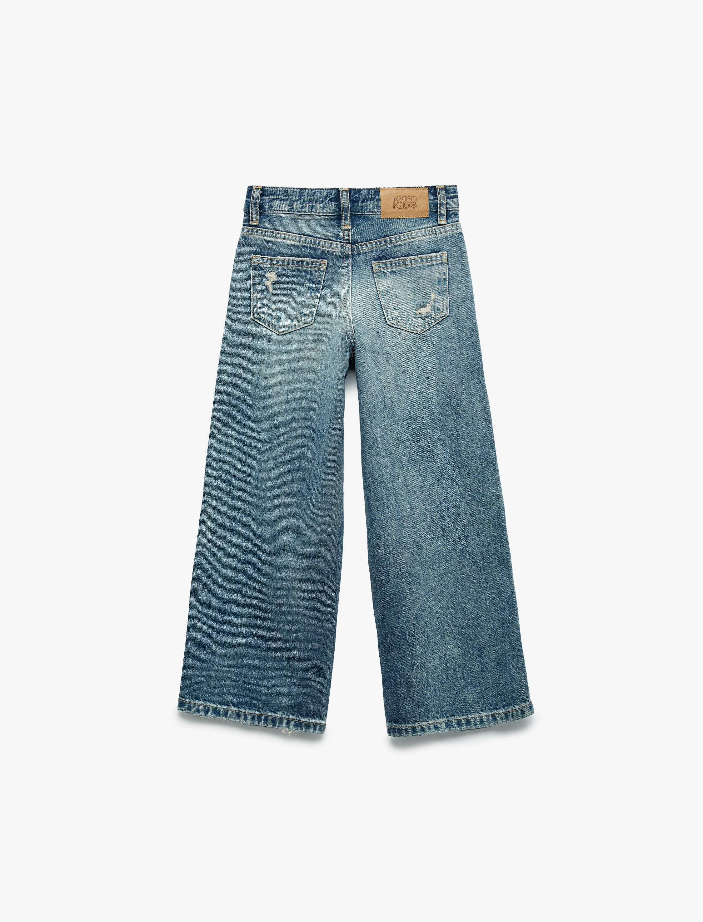  Kız Çocuk Pamuklu Yıpratma Detaylı Geniş Paça Denim Pantolon