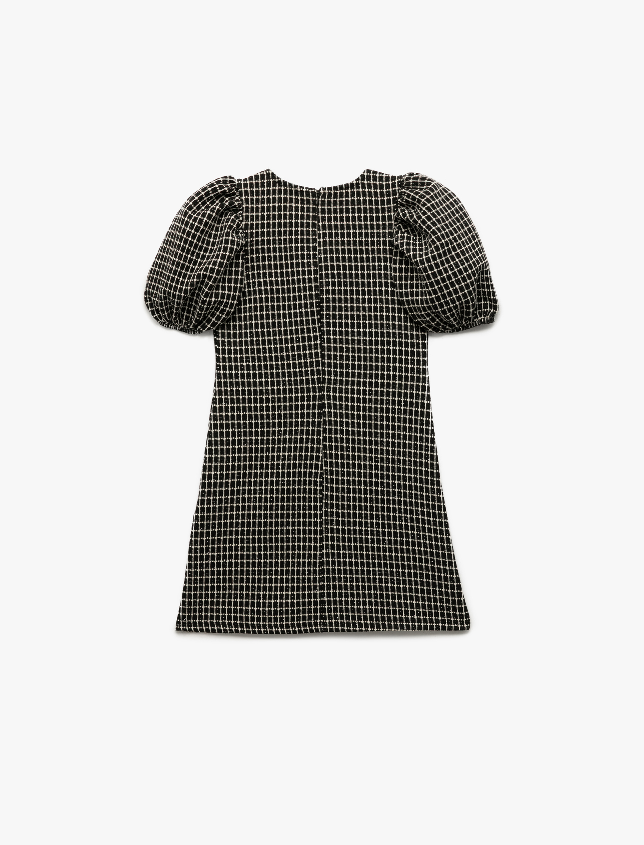  Kız Çocuk Kısa Kollu Bisiklet Yaka Balon Kollu Sim Detaylı Tüvit Elbise