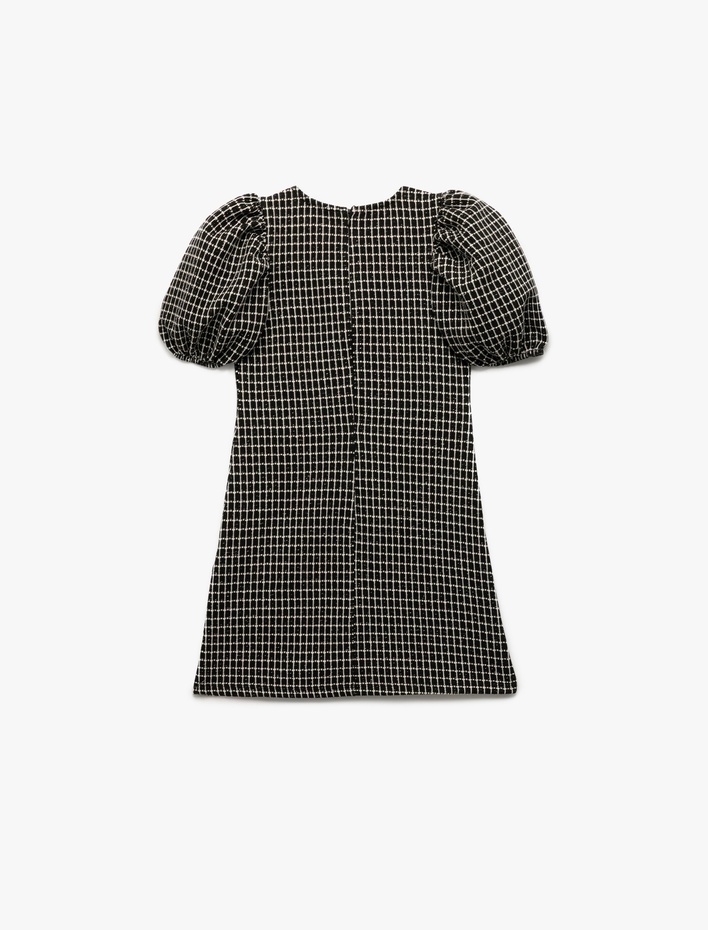 Kız Çocuk Kısa Kollu Bisiklet Yaka Balon Kollu Sim Detaylı Tüvit Elbise