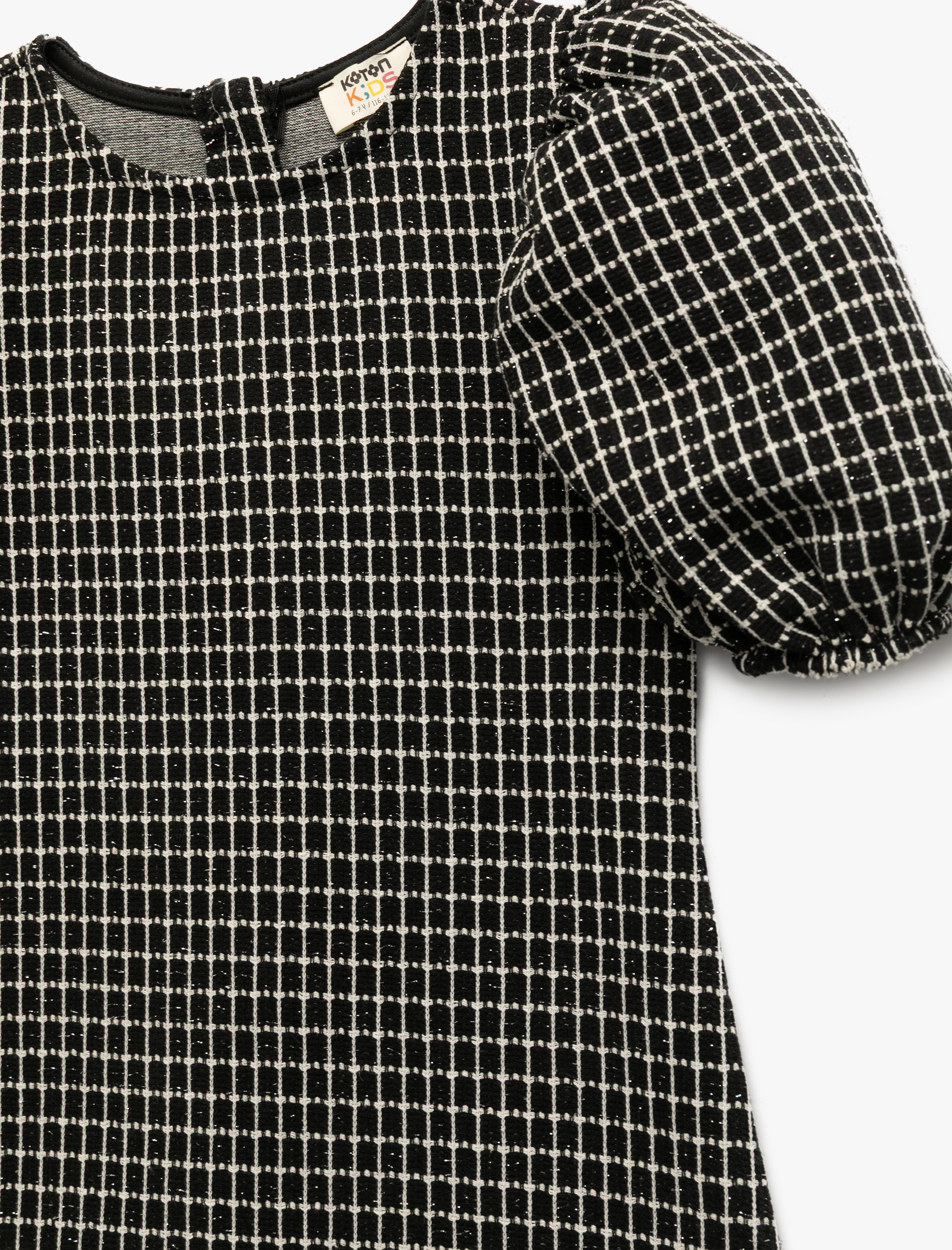  Kız Çocuk Kısa Kollu Bisiklet Yaka Balon Kollu Sim Detaylı Tüvit Elbise