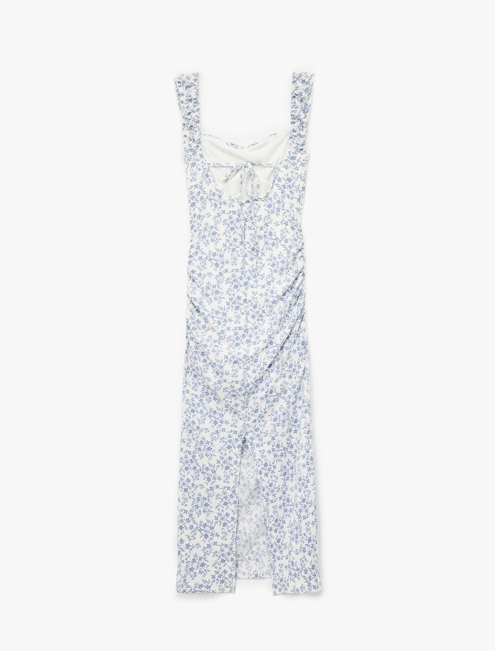  Kalp Yaka Kısa Kollu Sırt Detaylı Çiçekli Yırtmaçlı Slim Fit Maxi Elbise