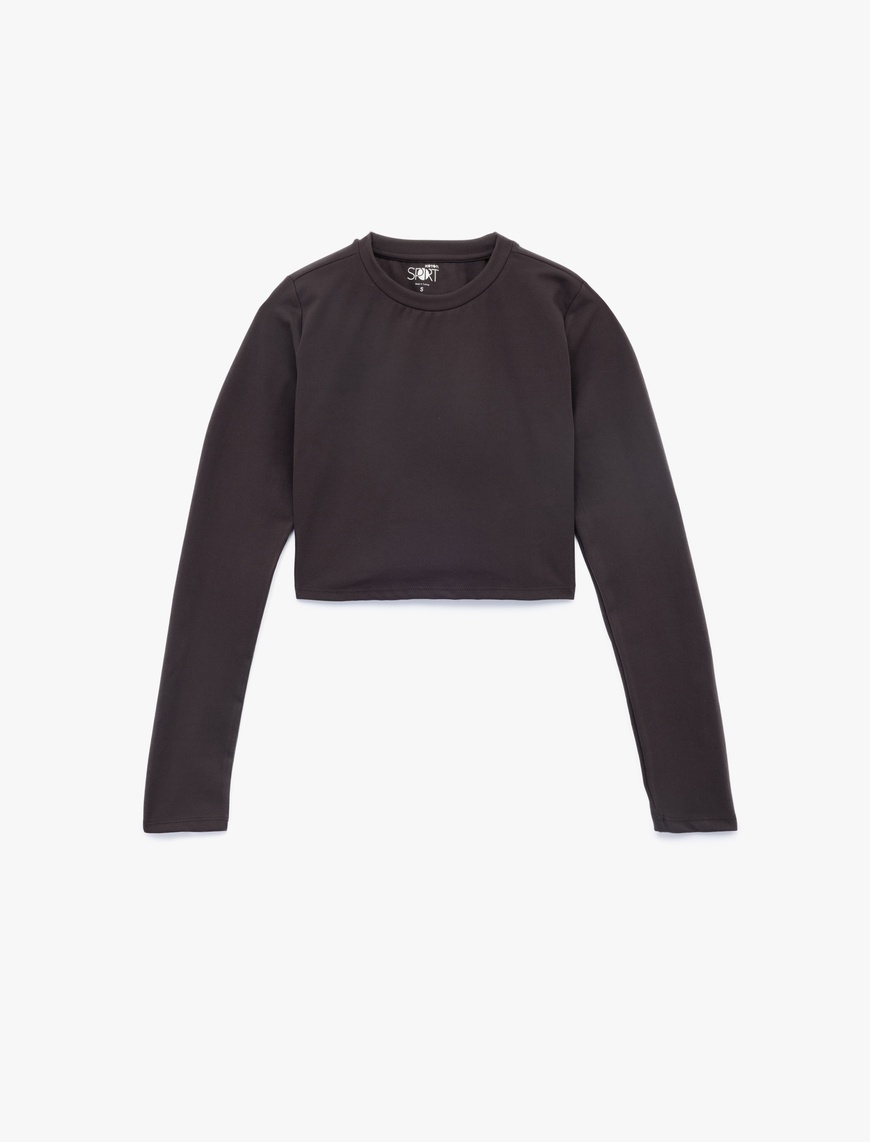   Slim Fit Uzun Kollu Bisiklet Yaka Crop Spor Tişört