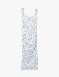 Kalp Yaka Kısa Kollu Sırt Detaylı Çiçekli Yırtmaçlı Slim Fit Maxi Elbise
