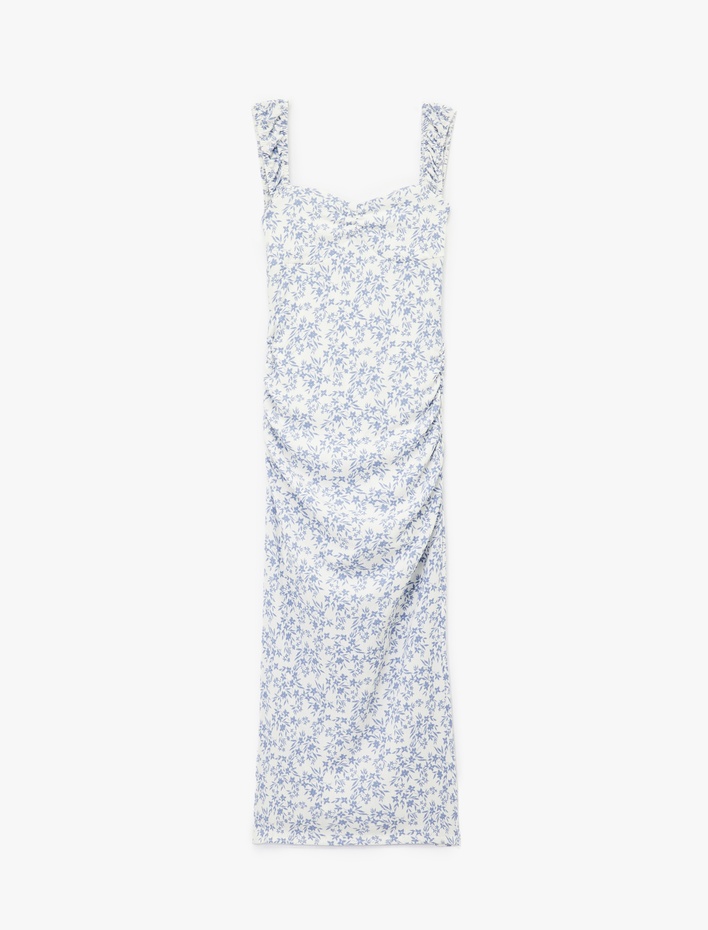  Kalp Yaka Kısa Kollu Sırt Detaylı Çiçekli Yırtmaçlı Slim Fit Maxi Elbise