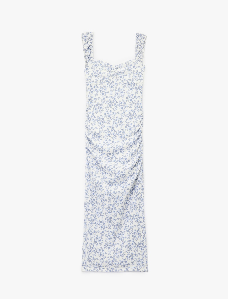   Kalp Yaka Kısa Kollu Sırt Detaylı Çiçekli Yırtmaçlı Slim Fit Maxi Elbise