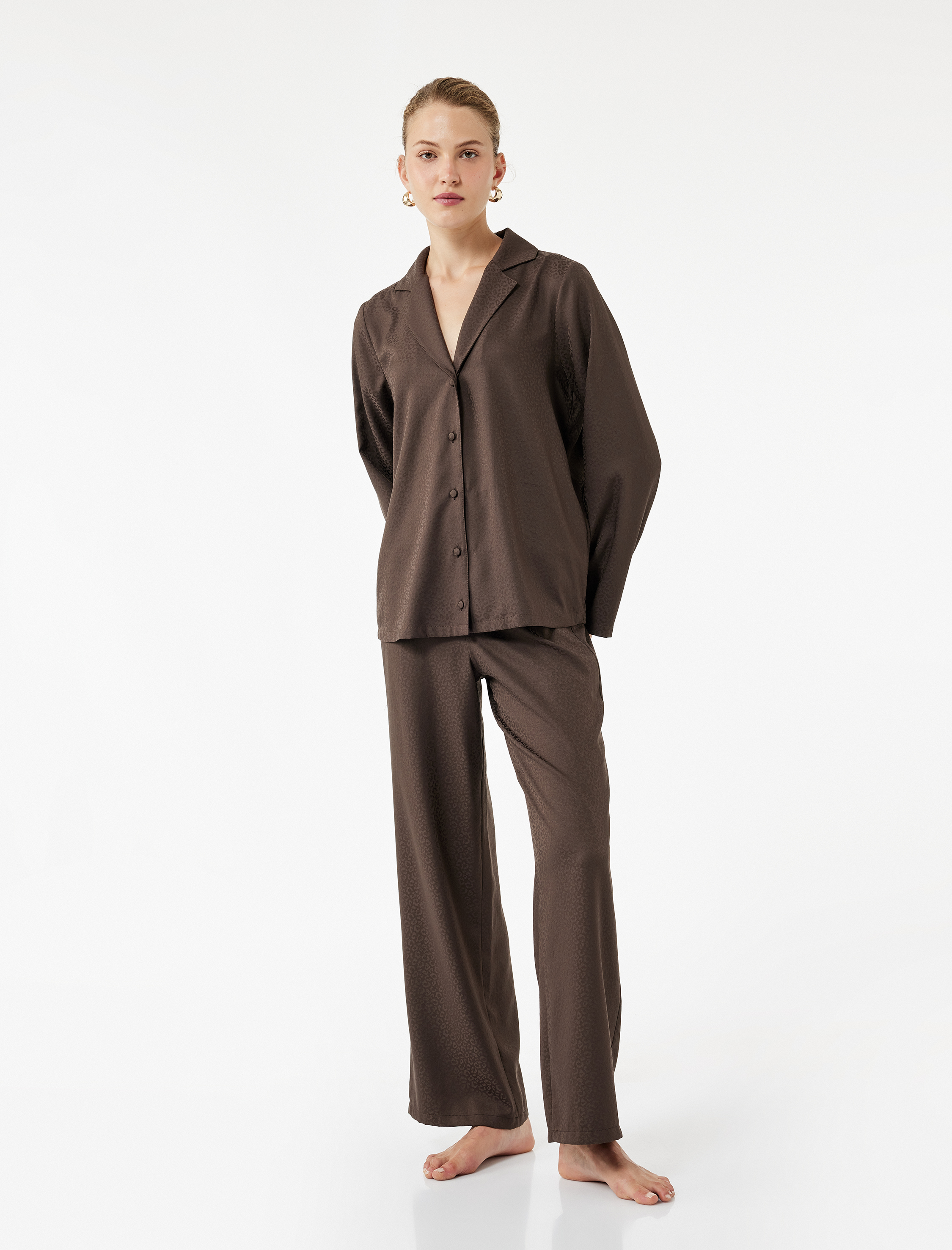   Rahat Kalıp Uzun Kollu Gömlek Yaka Saten Pijama Üstü