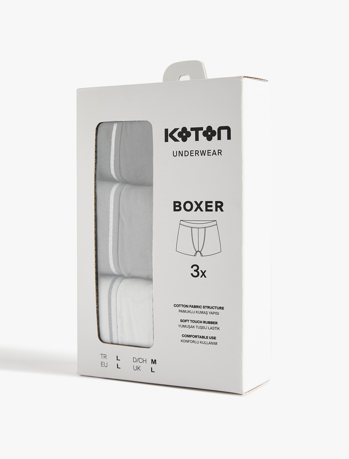 Pamuklu Basic Çizgili Lastik Detaylı 3'lü Boxer Set