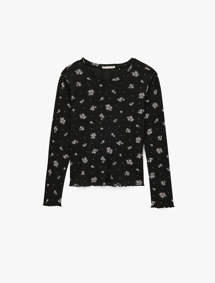  Pamuklu Uzun Kollu Yuvarlak Yaka Çiçekli Pijama Üstü