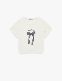 Pamuklu Kısa Kollu Bisiklet Yaka Fiyonk İşleme Detaylı Pijama Üstü