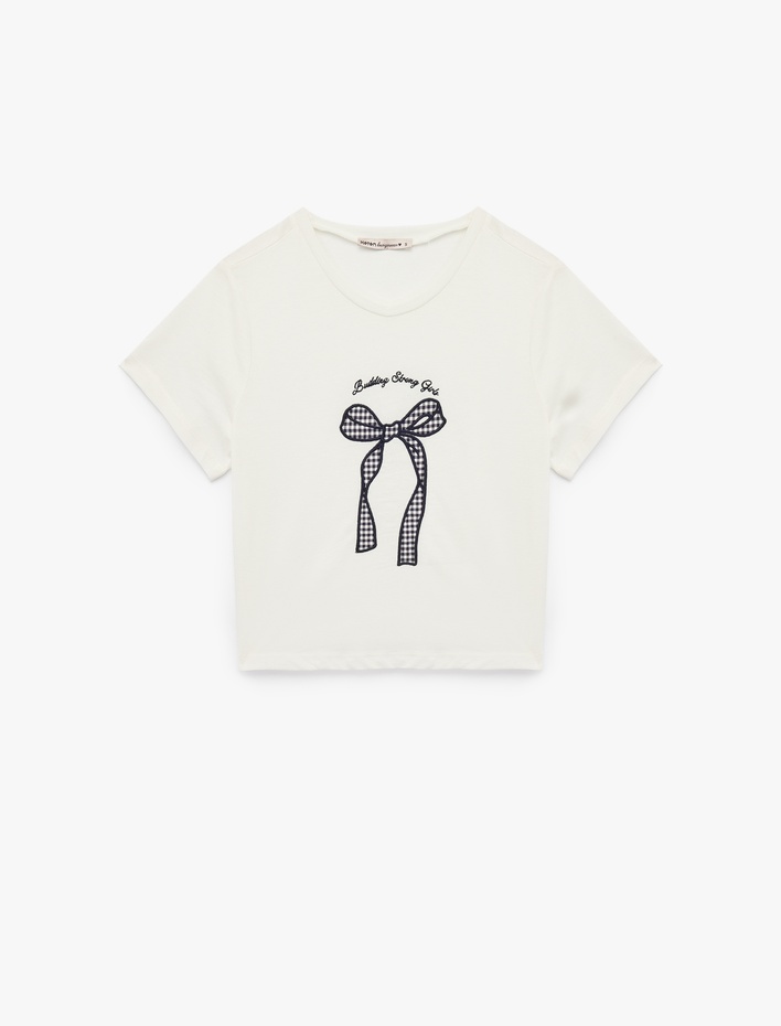  Pamuklu Kısa Kollu Bisiklet Yaka Fiyonk İşleme Detaylı Pijama Üstü