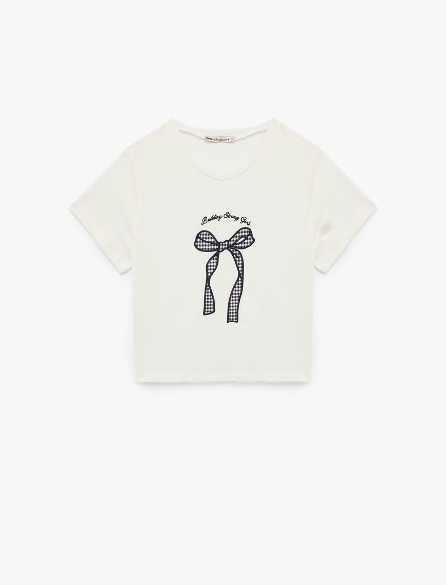   Pamuklu Kısa Kollu Bisiklet Yaka Fiyonk İşleme Detaylı Pijama Üstü