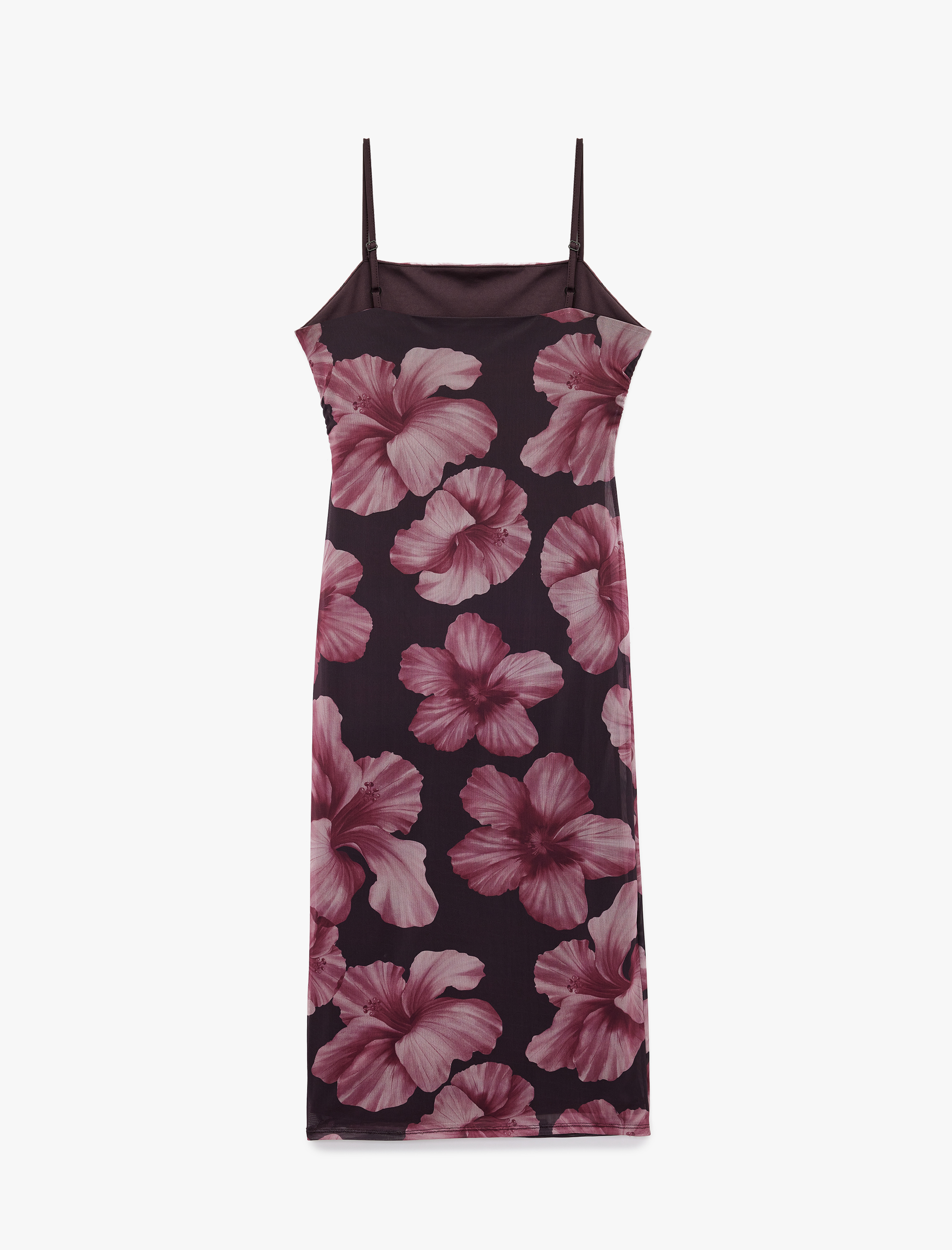   Kare Yaka İp Askılı Hibiskus Detaylı Drapeli Tül Midi Elbise