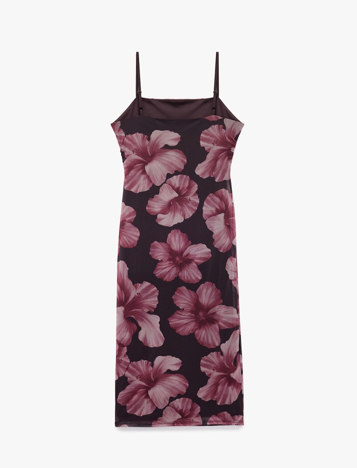  Kare Yaka İp Askılı Hibiskus Detaylı Drapeli Tül Midi Elbise