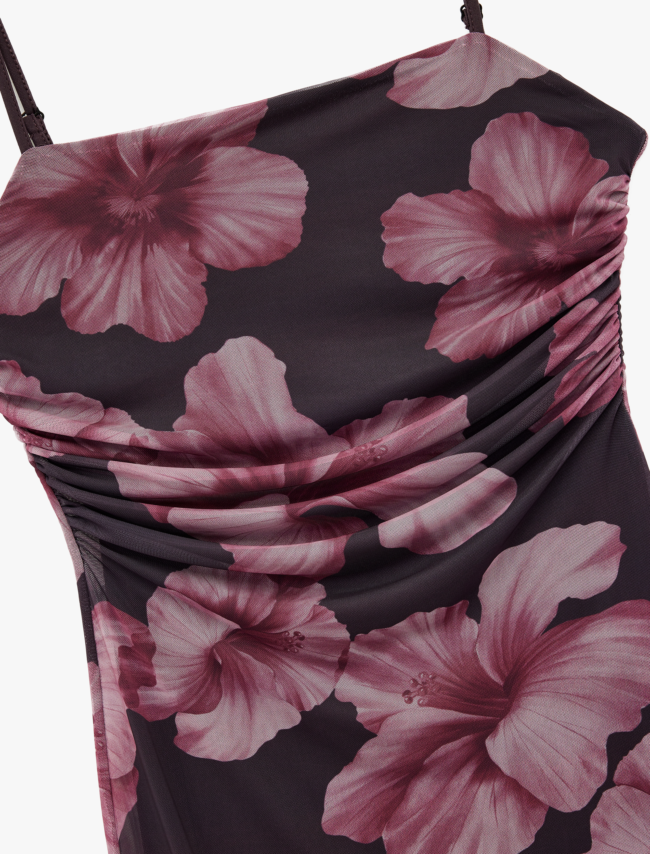   Kare Yaka İp Askılı Hibiskus Detaylı Drapeli Tül Midi Elbise