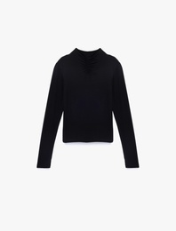 Slim Fit Uzun Kollu Drape Detaylı Dik Yaka Tişört