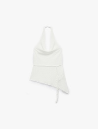 Bağlama Detaylı Slim Fit Bürümcük Asimetrik Kesim Kolsuz Degaje Yaka Bluz