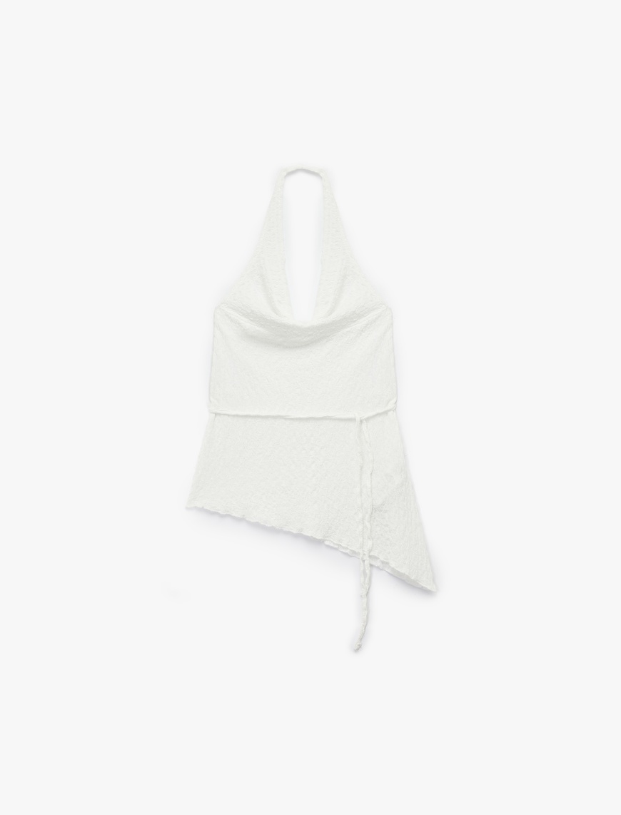   Bağlama Detaylı Slim Fit Bürümcük Asimetrik Kesim Kolsuz Degaje Yaka Bluz
