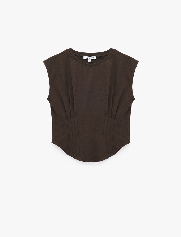  Slim Fit Kap Kol Pamuklu Bisiklet Yaka Korse Detaylı Crop Tişört