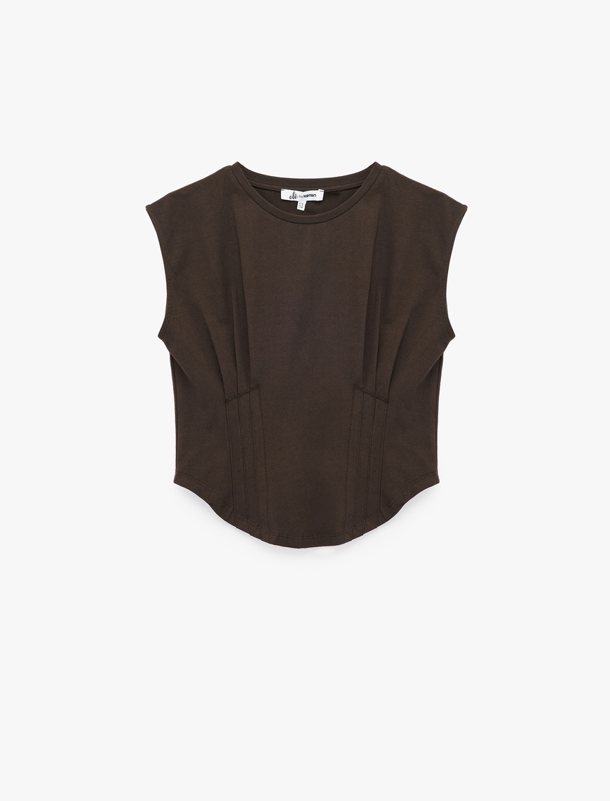   Slim Fit Kap Kol Pamuklu Bisiklet Yaka Korse Detaylı Crop Tişört
