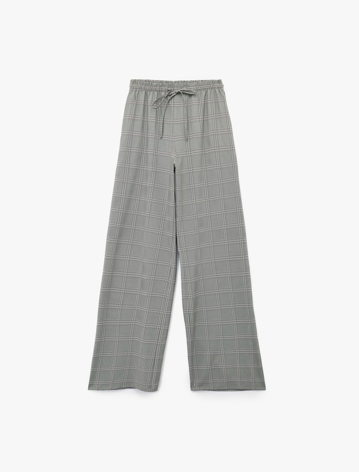  Beli Bağcıklı Kareli Geniş Paça Kumaş Pantolon