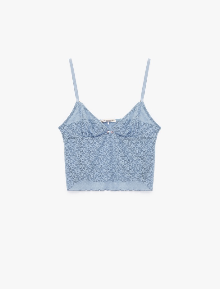  Kalp Yaka İnce Askılı Dantelli Pijama Üstü