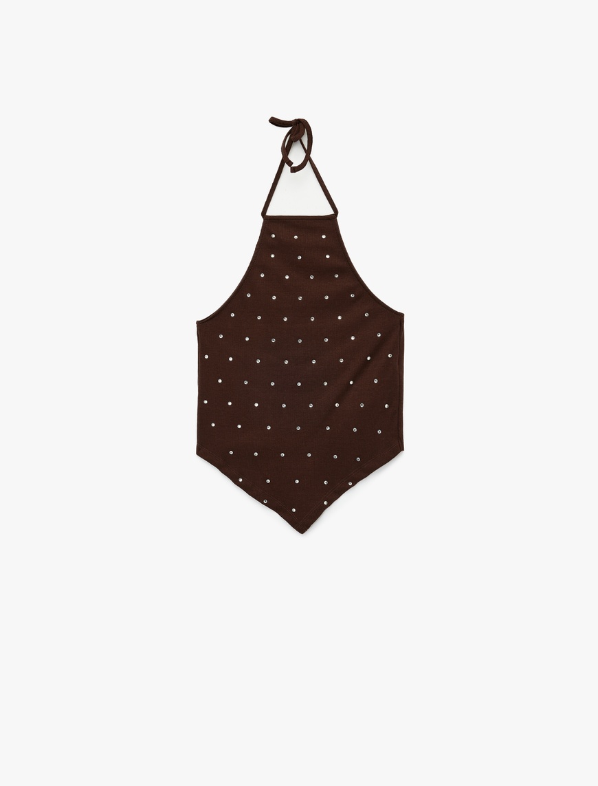   Taş Detaylı Slim Fit Asimetrik Boyundan Bağlamalı Kolsuz Halter Yaka Bluz